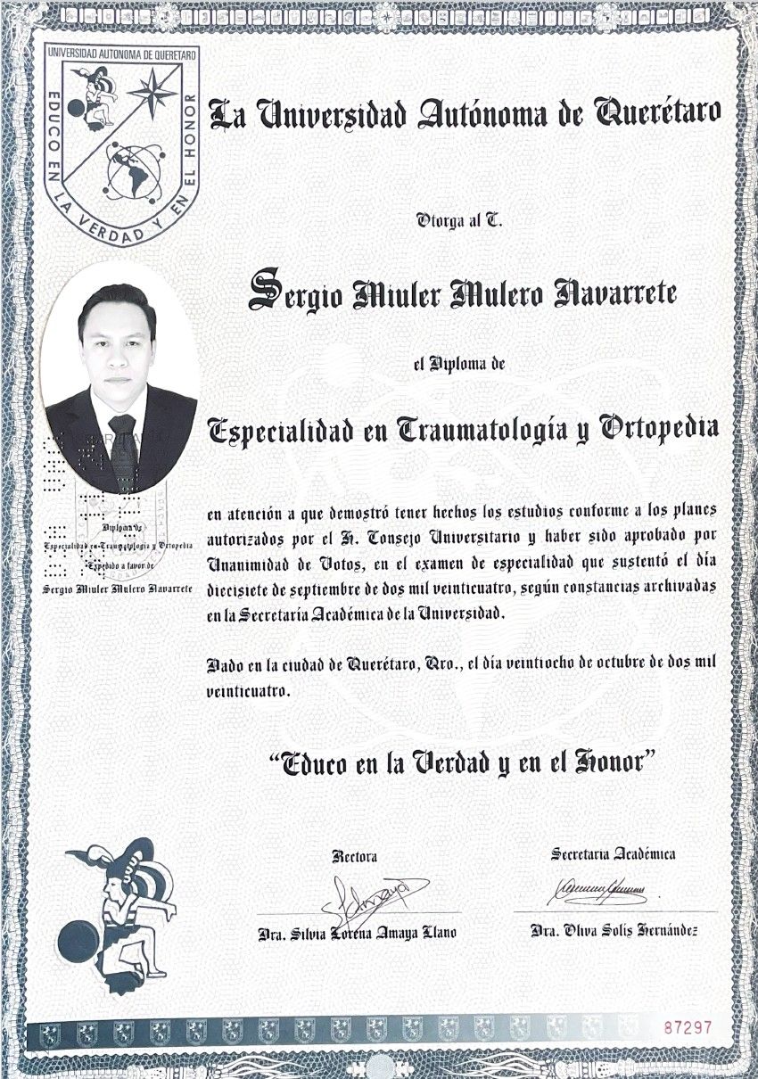 Certificado profesional del Dr. Sergio Mulero